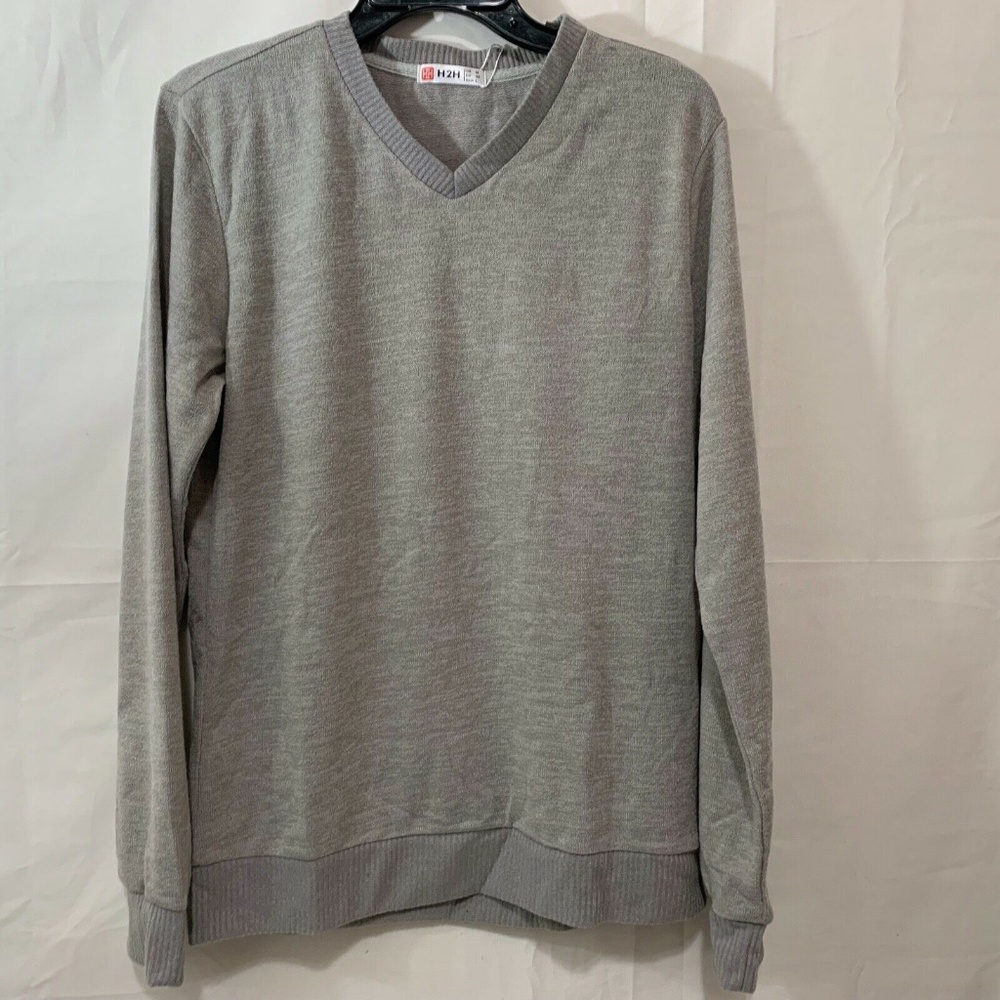 H2H Men NWT Casual Slim Fit Pullover V-Neck Lightweight Sweater Light Grey Med